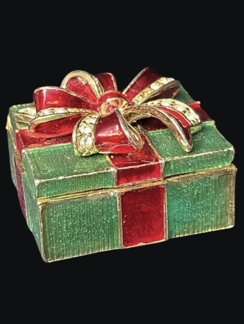 Vintage Monet Enameled Green & Red Gift-Wrapped Package Trinket Box